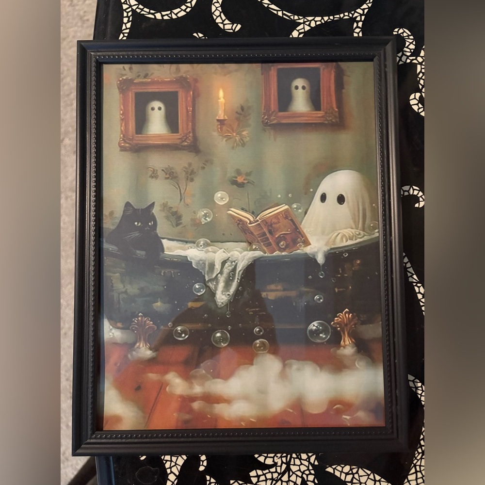 Framed 8x10” Ghost and Cat Bathtub Art Whimsical Print